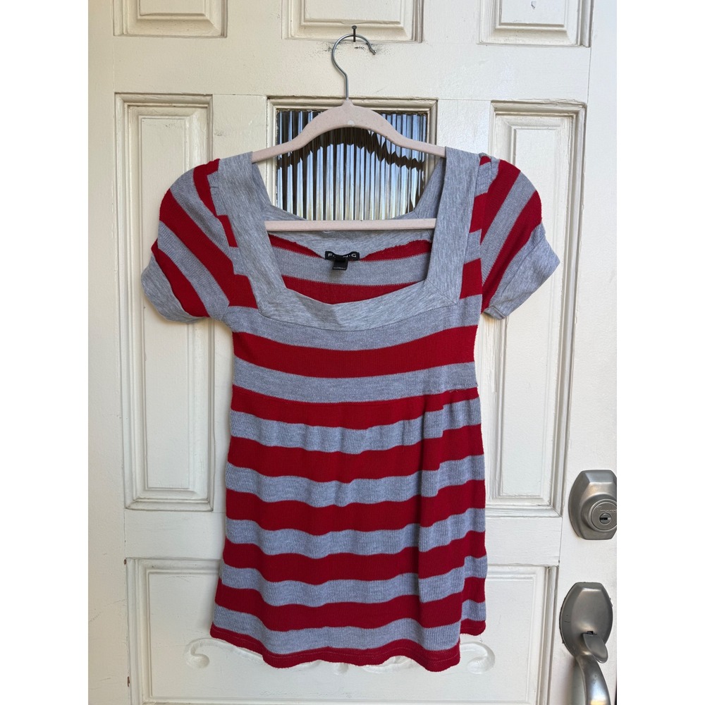 Fang Red Grey Striped Square Neck Y2K Babydoll Knit Top Back Tie Size Small